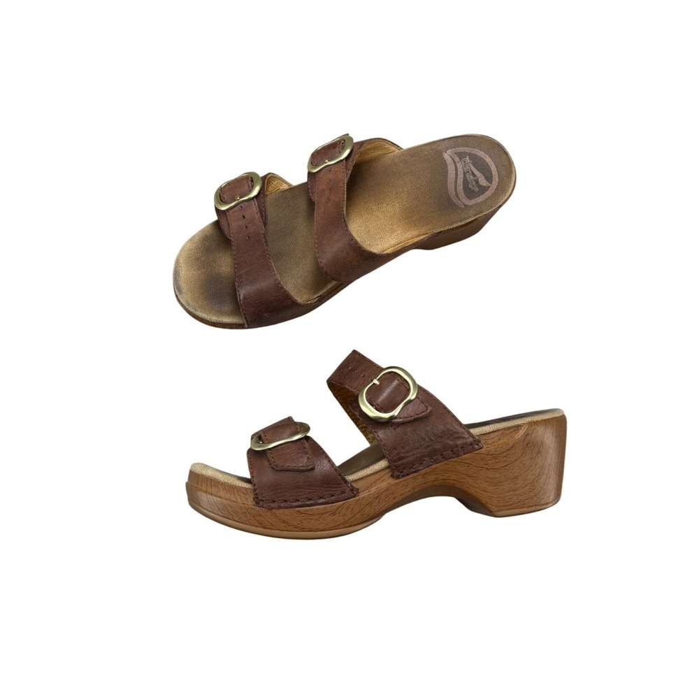 Dansko Sophie Brown Leather Dual Strap Buckle Wedge Slide Sandals Eu Size 37